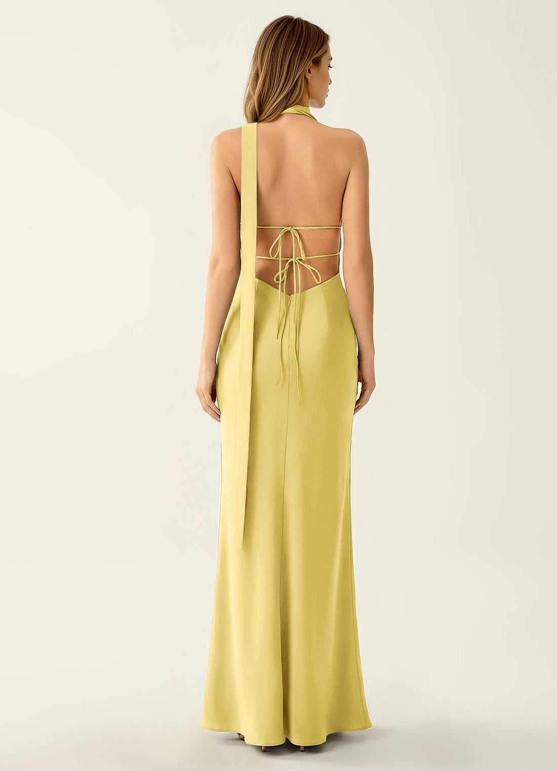 Wrenllien Halter Open-Back Satin Evening Dress in Pastel Yellow