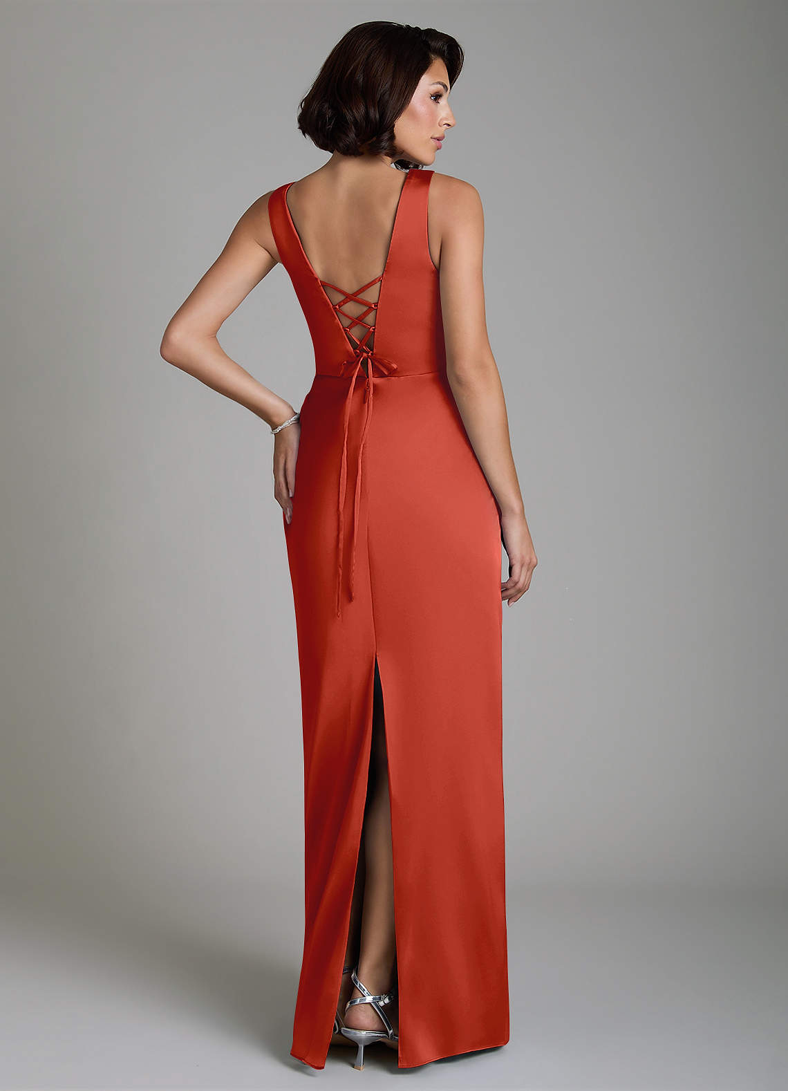 Vanya Sheath V-Neck Stretch Satin Bridesmaid Dress in Rust
