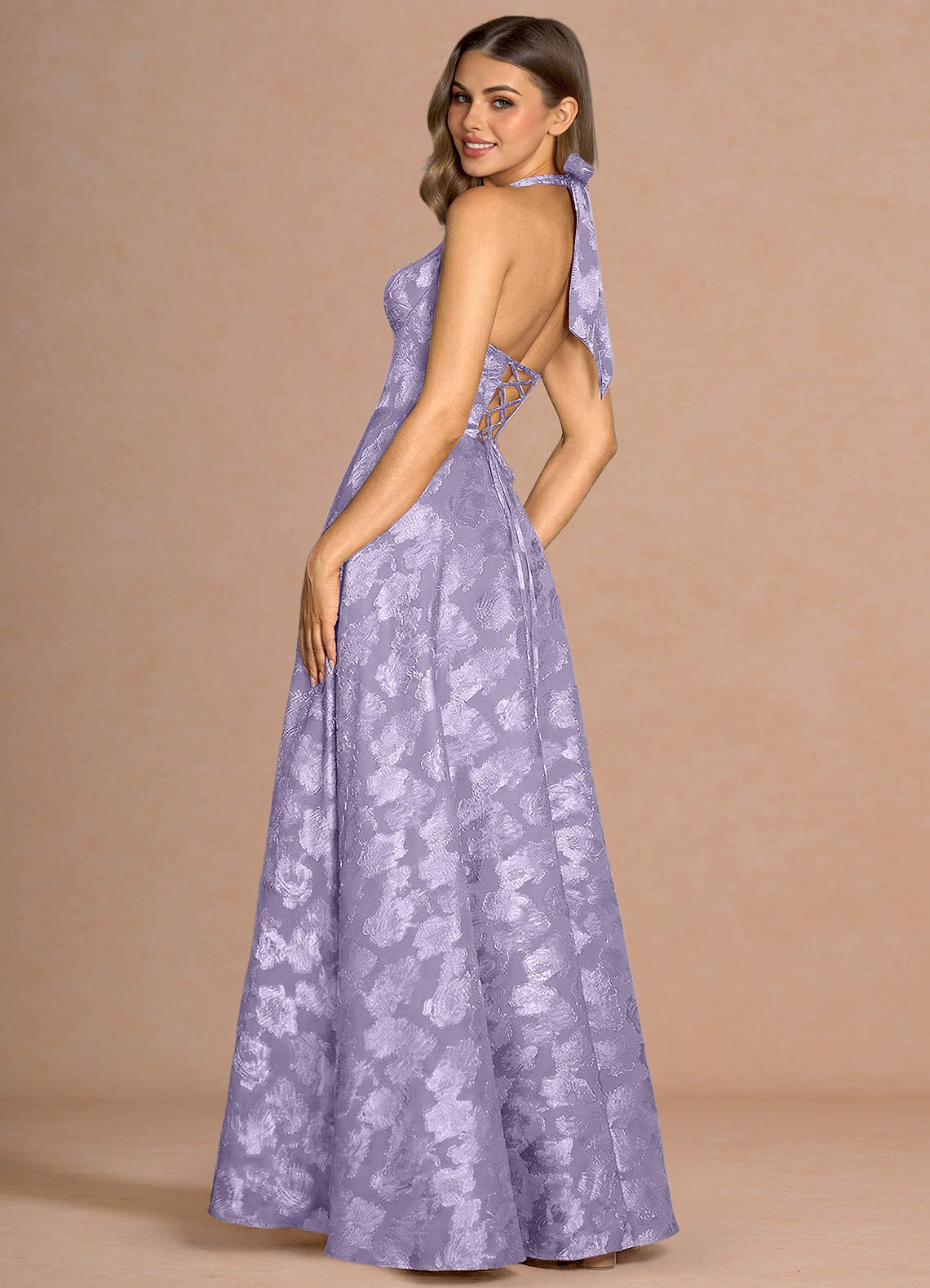 Isabeau A-Line V-Neck Fil Coupé Evening Dress in Lilac