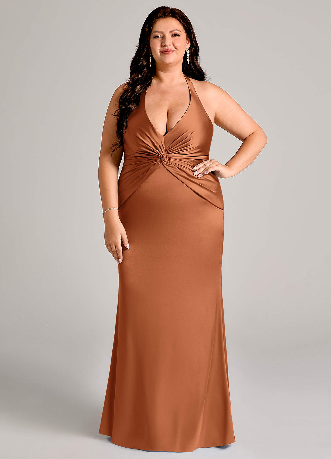 Valerie Mermaid V-Neck Stretch Satin Bridesmaid Dress in Copper