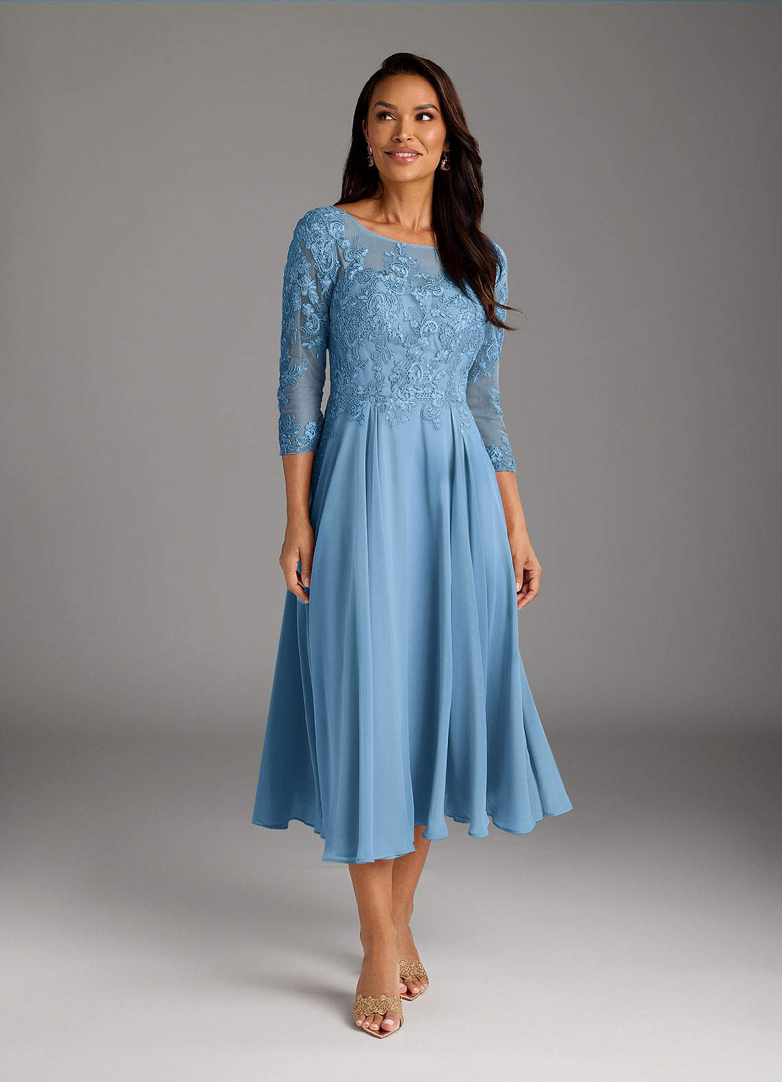 Marge A-Line Scoop-Neck Chiffon and Lace Mother of the Bride Dress in Steel Blue