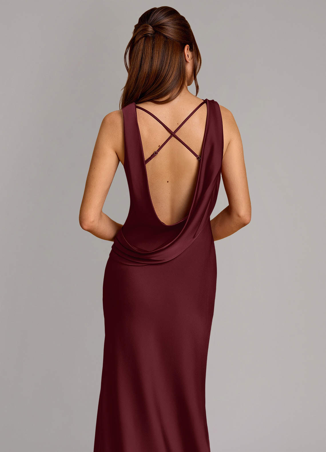 Cheryl Mermaid Cowl-Neck Stretch Satin Bridesmaid Dress in Cabernet