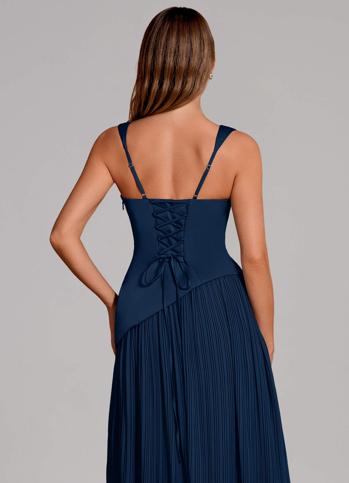 Stephanie A-Line Square-Neck Stretch Satin and Chiffon Bridesmaid Dress in Dark Navy