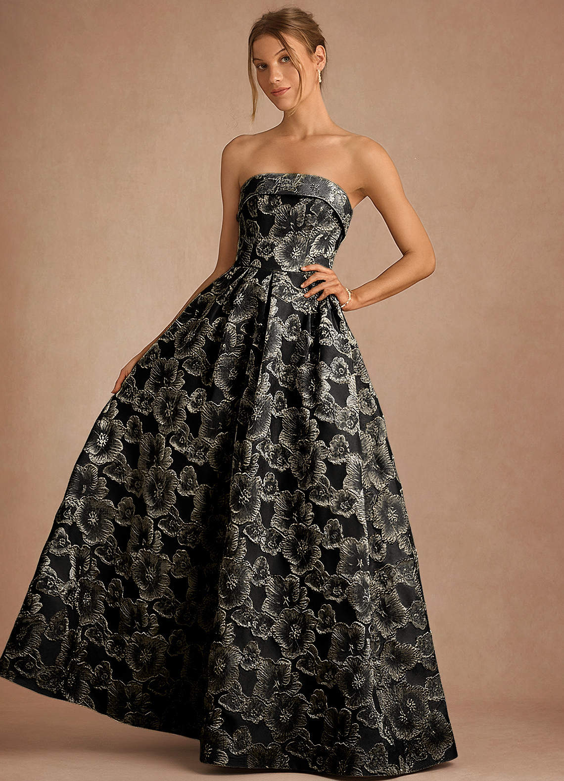 Florentine A-Line Bandeau Jacquard Taffeta Evening Dress in Black