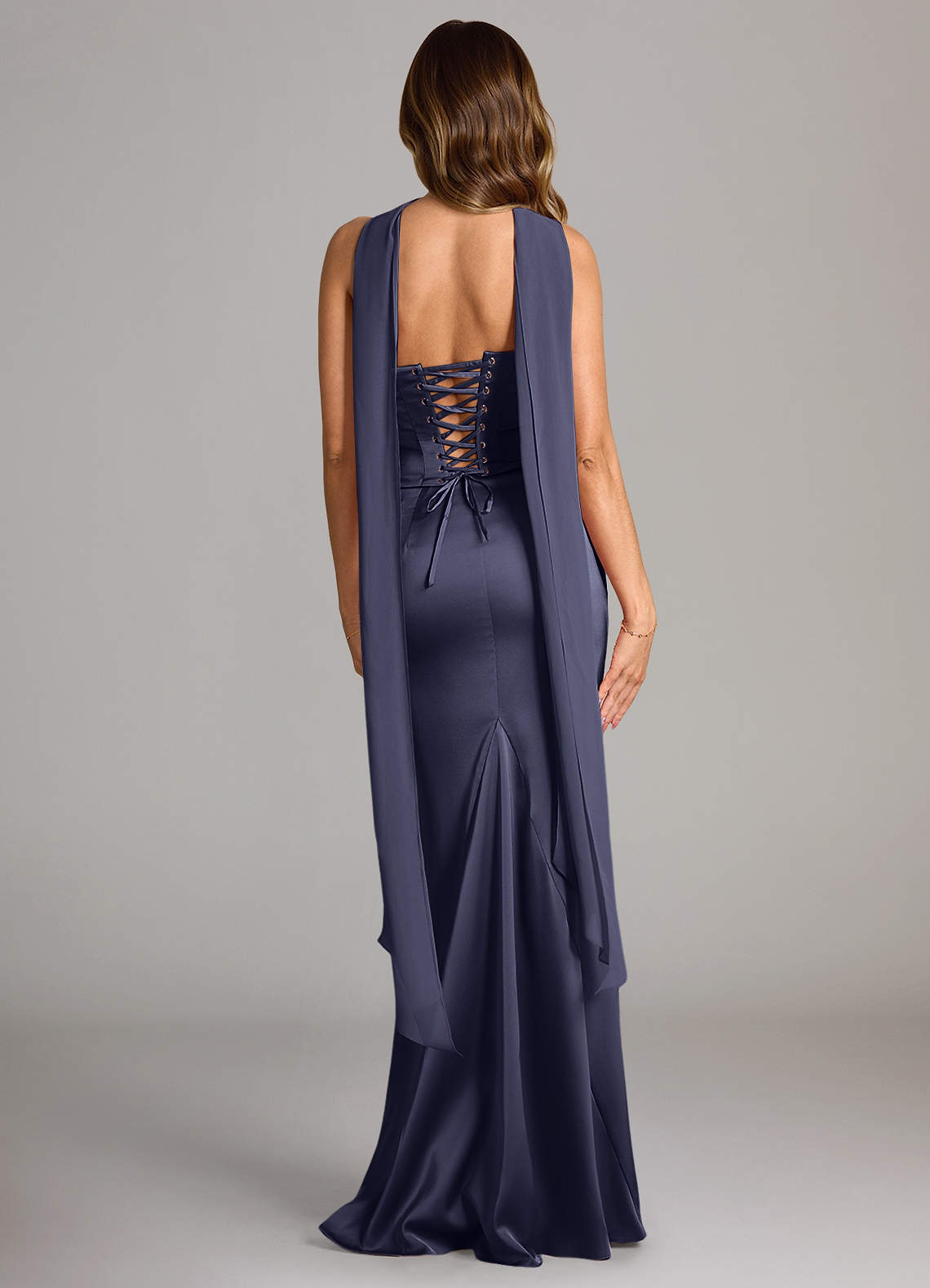 Sorrel Mermaid Cowl-Neck Stretch Satin and Chiffon Bridesmaid Dress in Stormy