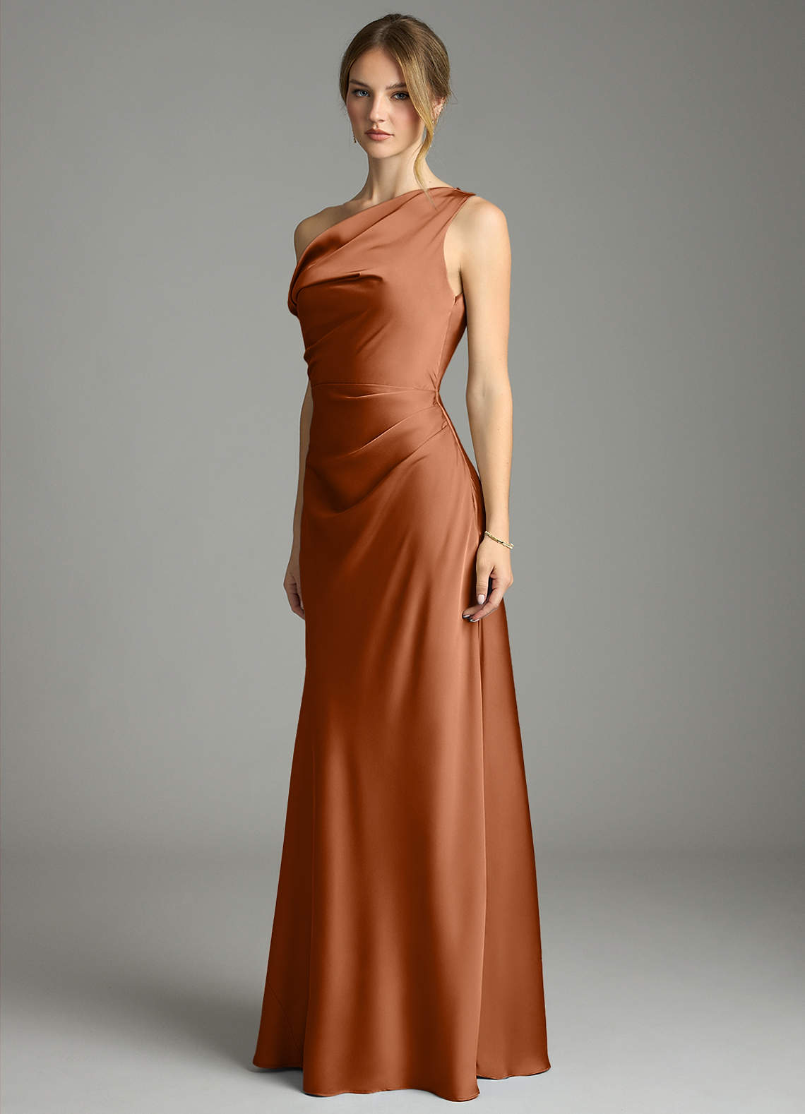 Emerson Mermaid One-Shoulder Stretch Satin Bridesmaid Dress in Copper
