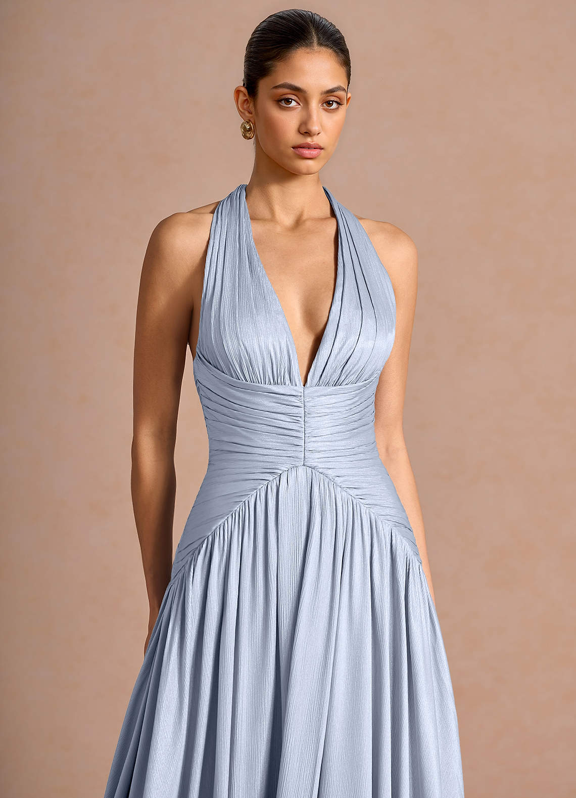 Hecate A-Line Halter Satin-Faced Chiffon Evening Dress in Sky Blue