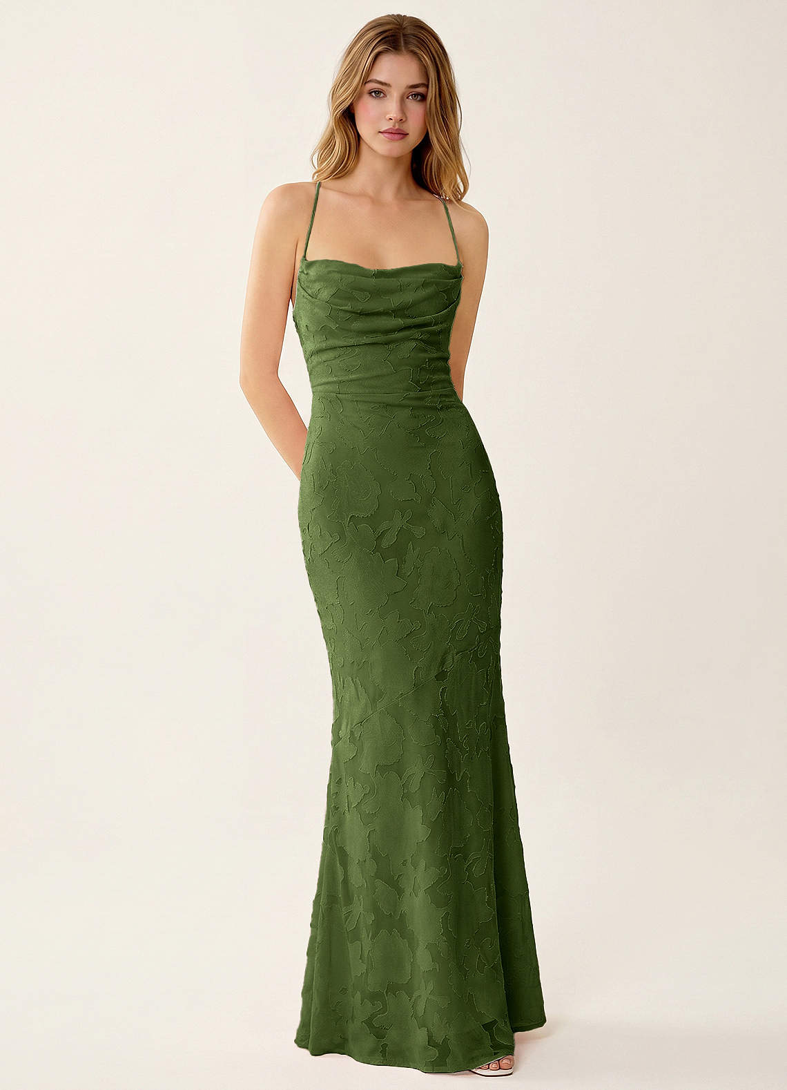 Natasha Mermaid Spaghetti-Strap Floral Burnout Evening Dress in Olive