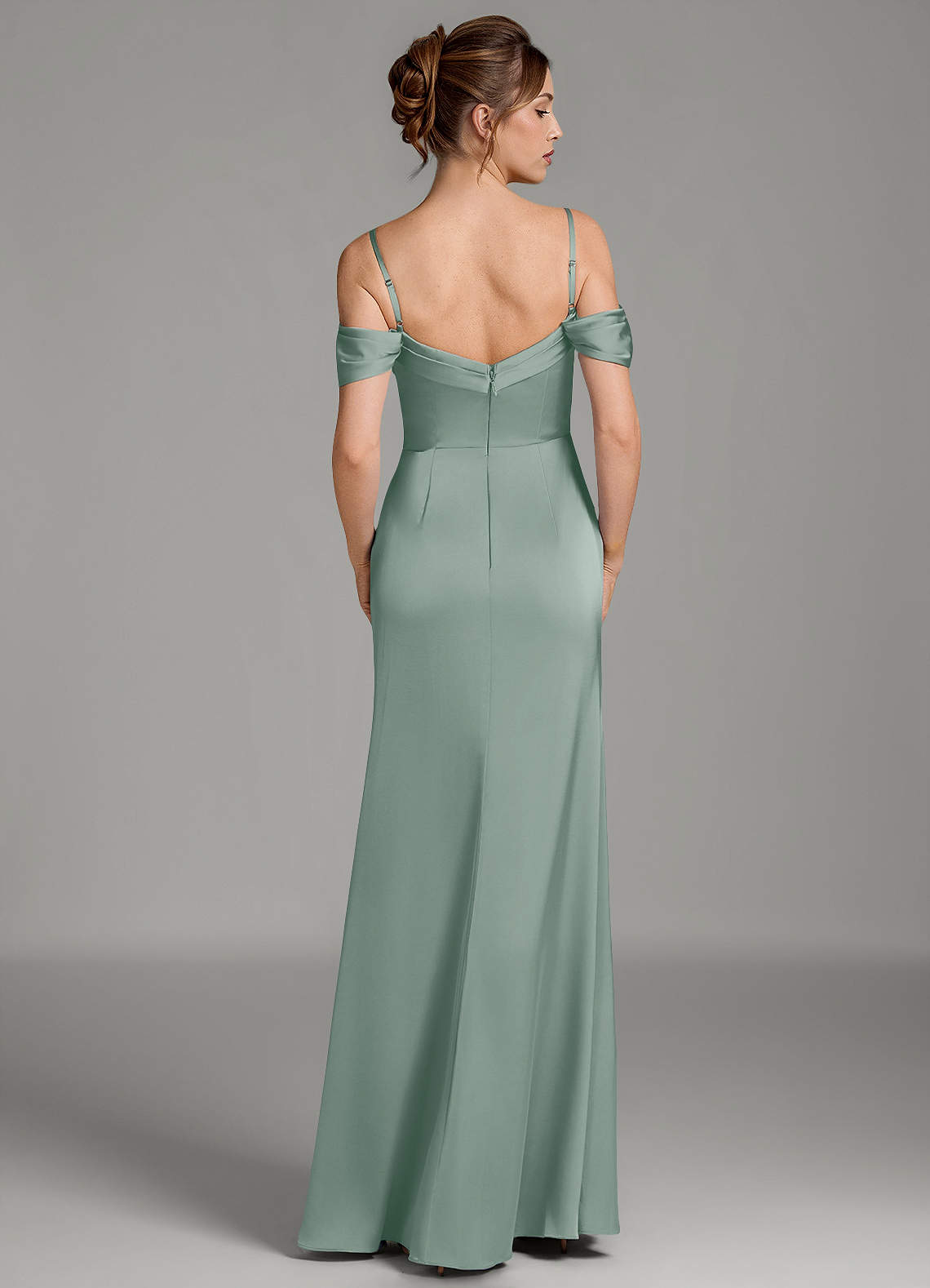 Wyatt Mermaid Off-the-Shoulder Stretch Satin Bridesmaid Dress in Silver Sage