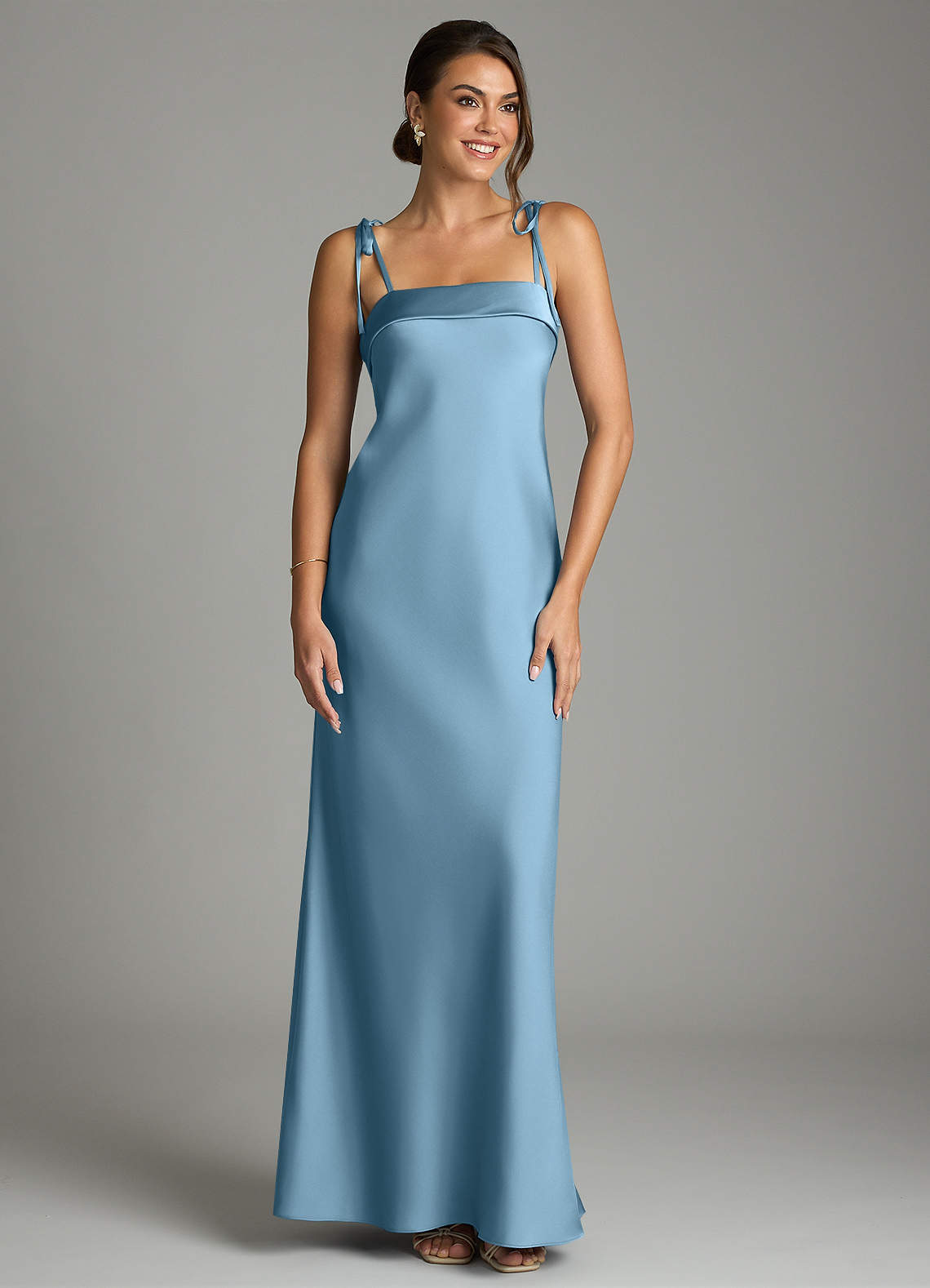 Ellia Sheath Straight-Neck Stretch Satin Bridesmaid Dress in Steel Blue