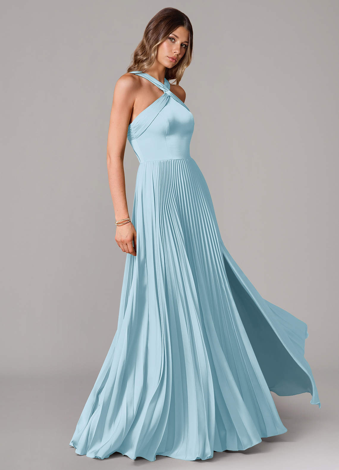Afra A-Line Halter-Neck Stretch Satin Bridesmaid Dress in Sky Blue