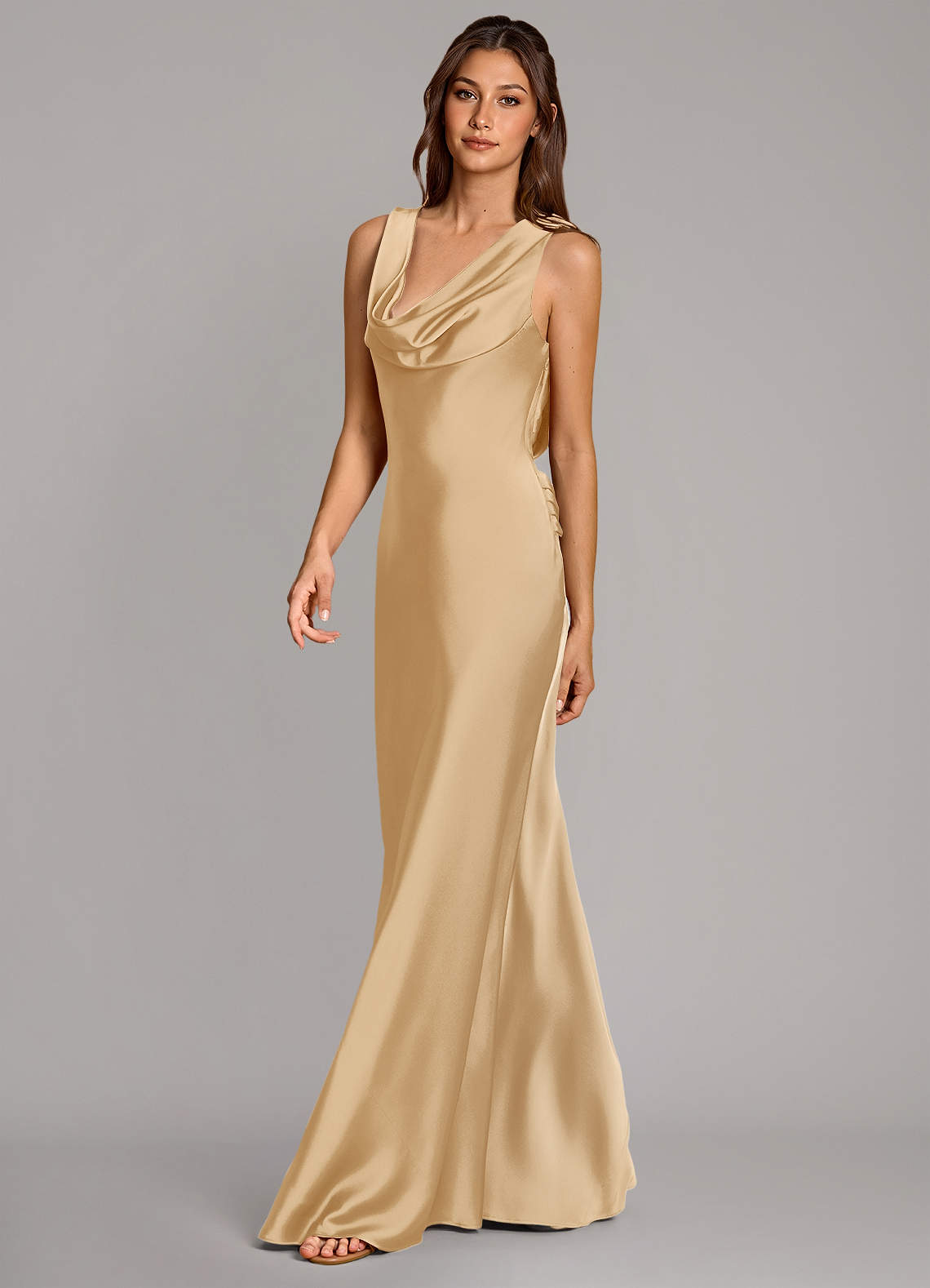 Cheryl Mermaid Cowl-Neck Stretch Satin Bridesmaid Dress in Gold
