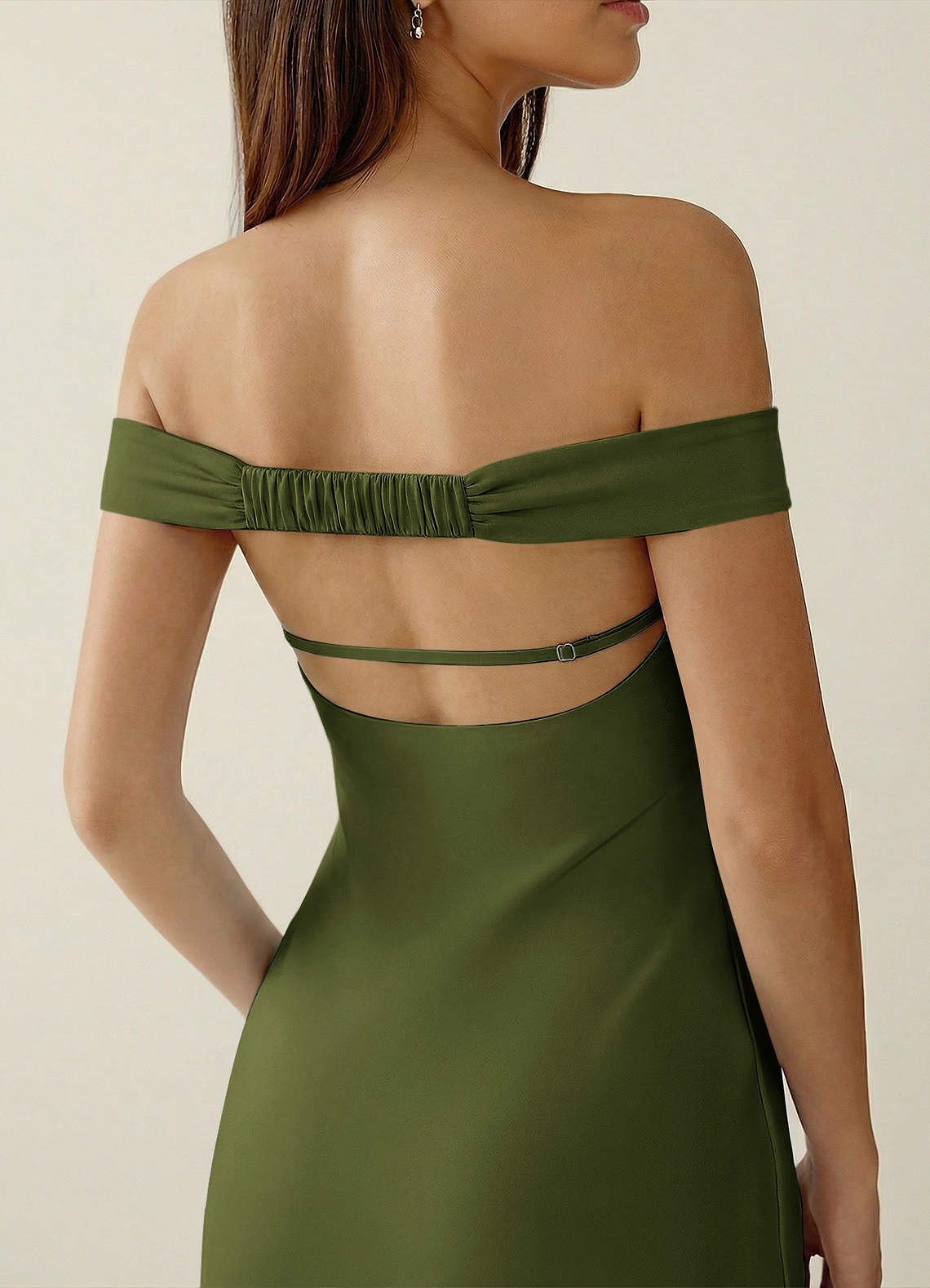 Gwendonme Sheath Off-the-Shoulder Satin Crystal Linen Evening Dress in Olive