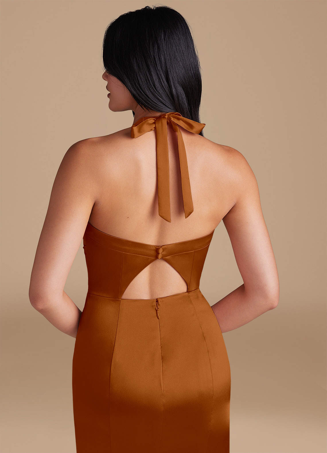 Emeria Sheath Halter Metallic Satin Bridesmaid Dress in Copper