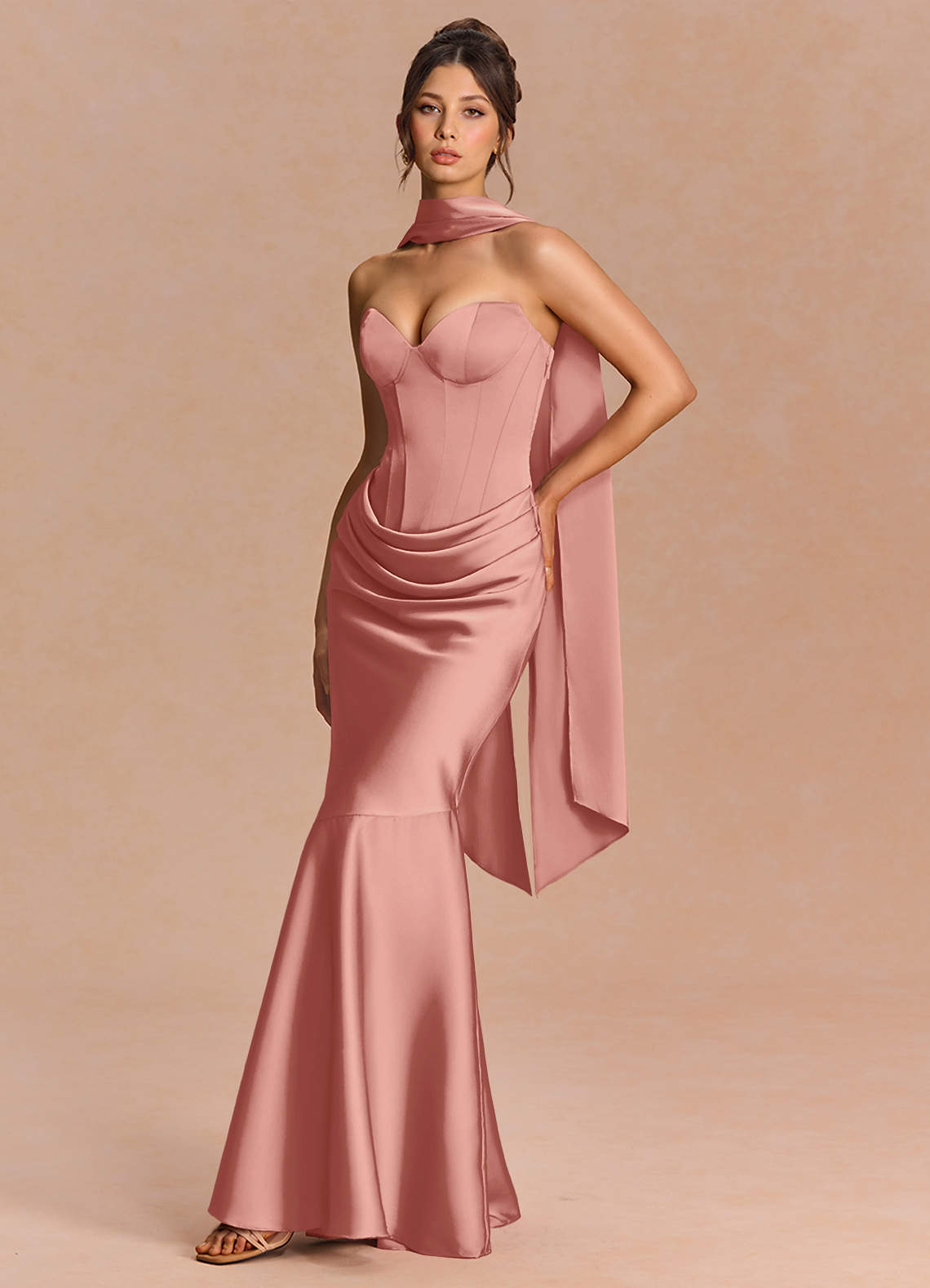 Euphemia Mermaid Strapless Stretch Satin Evening Dress in Rosette