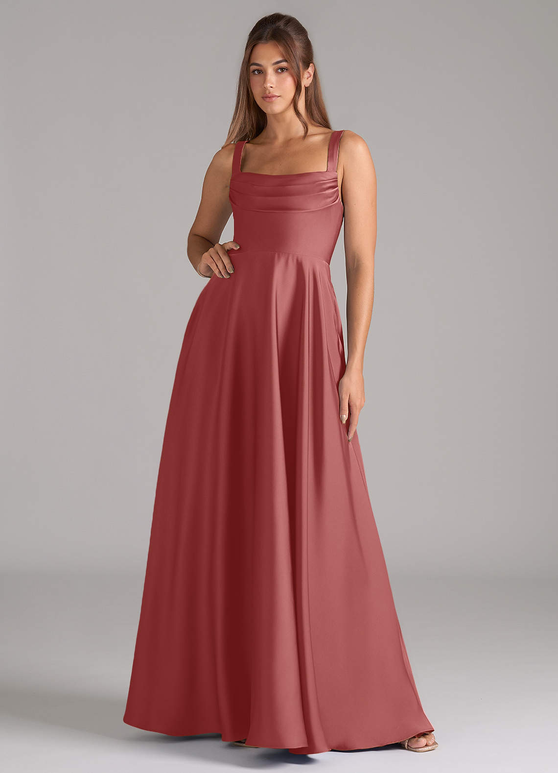Shaude A-Line Square-Neck Stretch Satin Bridesmaid Dress in Antique Rose
