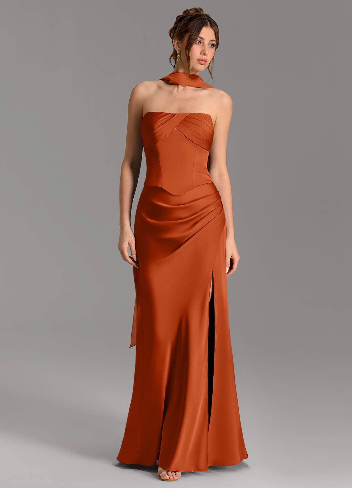 Nicki Sheath Scoop-Neck Stretch Satin Bridesmaid Dress in Burnt Orange