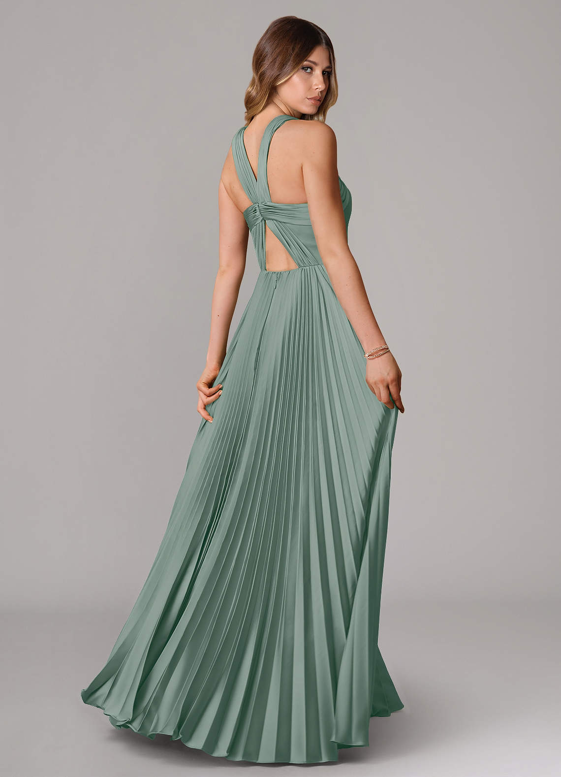 Afra A-Line Halter-Neck Stretch Satin Bridesmaid Dress in Silver Sage