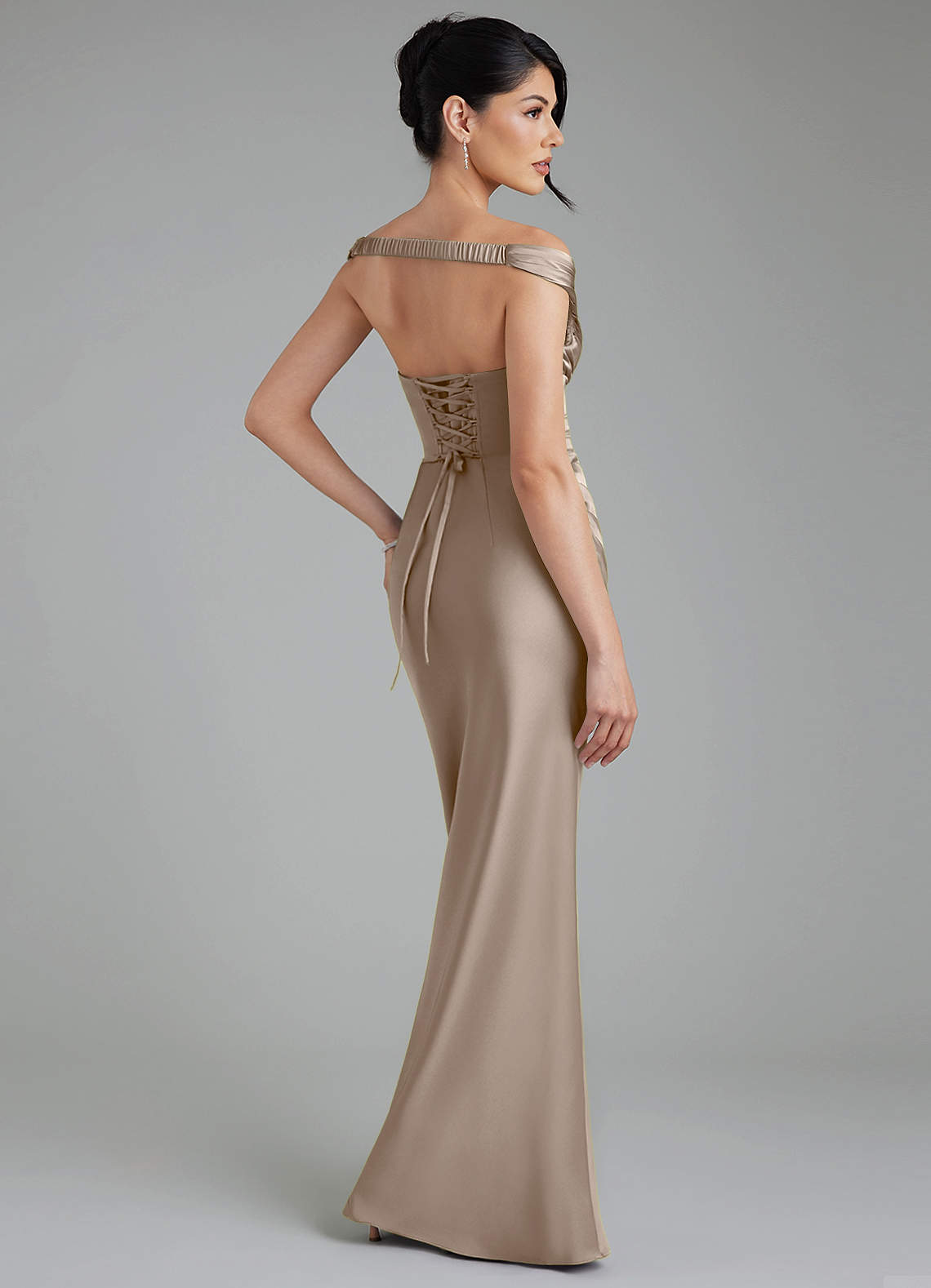 Stella Sheath V-Neck Stretch Satin Bridesmaid Dress in Taupe