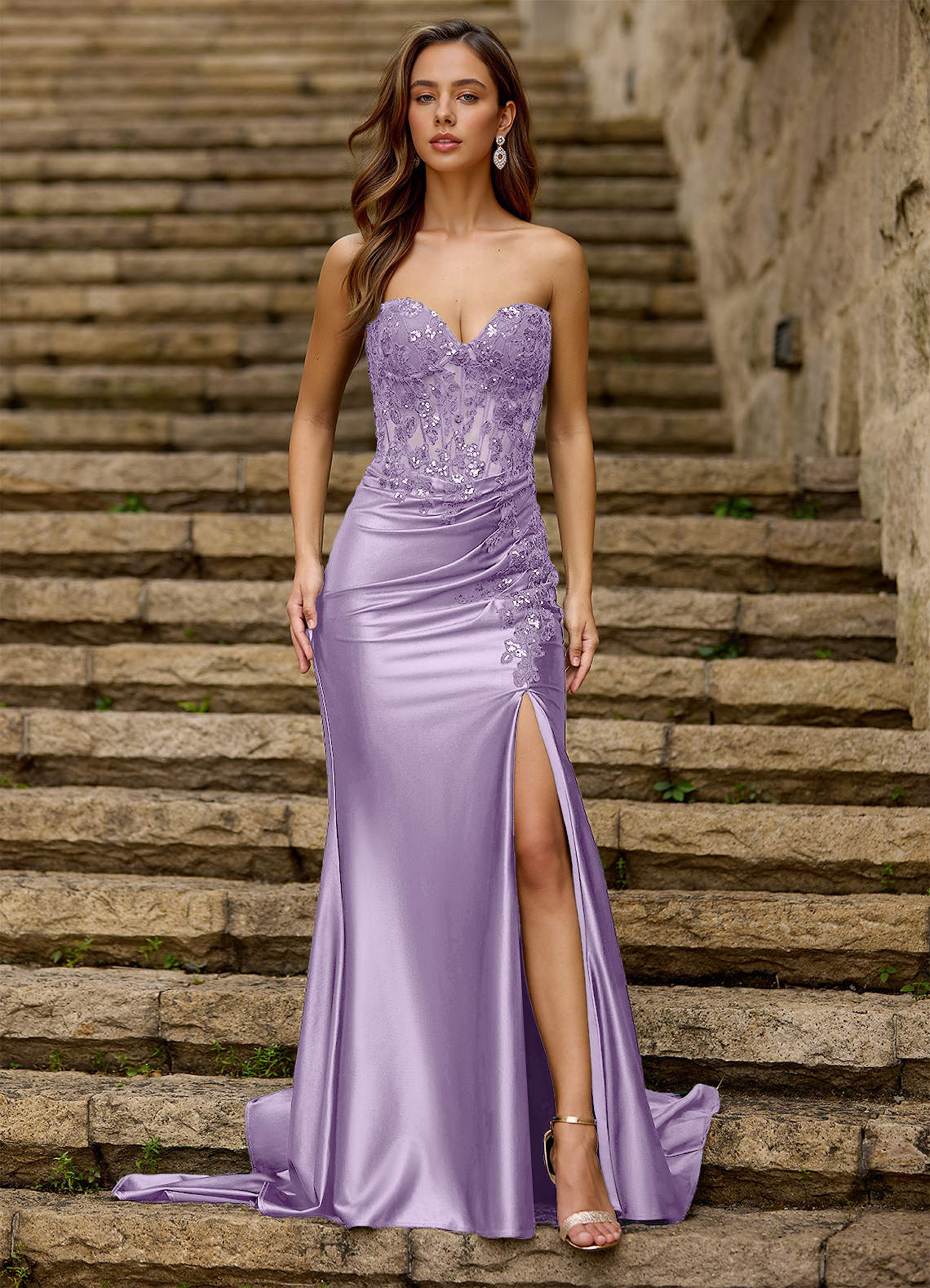 Emblace Mermaid Off-the-Shoulder Stretch Satin Evening Dress in Plum