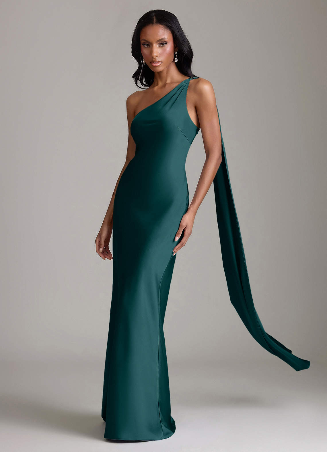 Juniper Mermaid One-Shoulder Stretch Satin Bridesmaid Dress in Pine