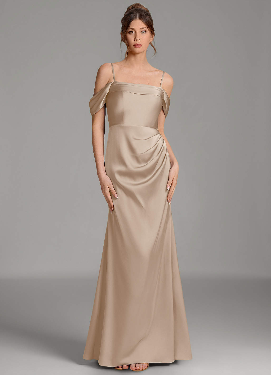 Wyatt Mermaid Off-the-Shoulder Stretch Satin Bridesmaid Dress in Taupe