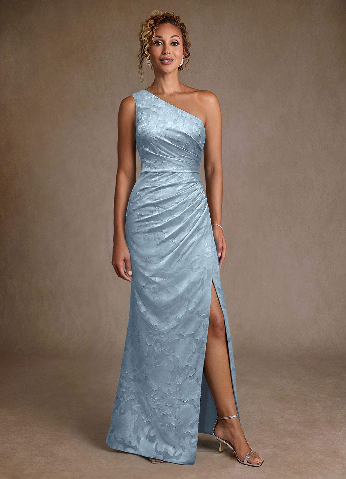Joylin Trumpet One-Shoulder Floral Burnout Mother of the Bride Dress in Sky Blue