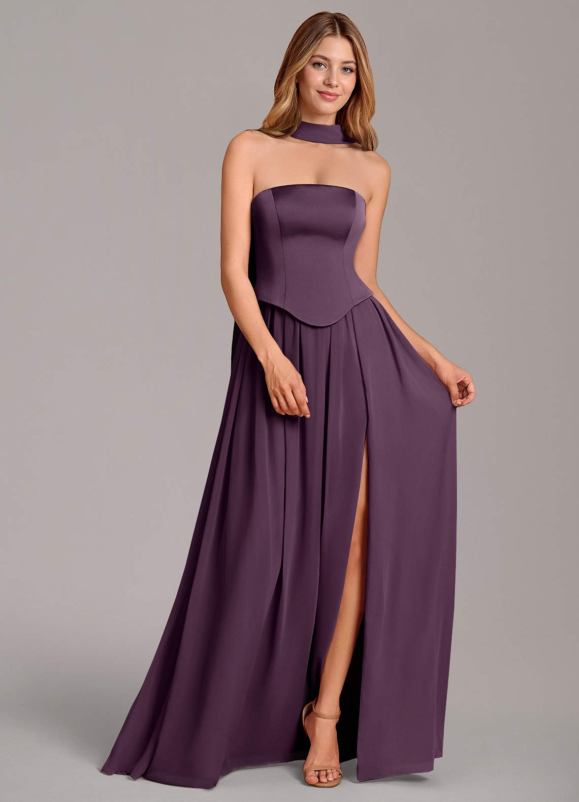 Cadence A-Line Strapless Chiffon and Stretch Satin Bridesmaid Dress in Plum