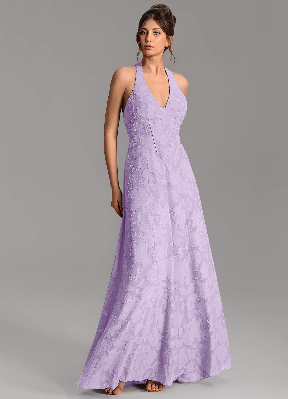 Nia A-Line V-Neck Floral Burnout Bridesmaid Dress in Lilac
