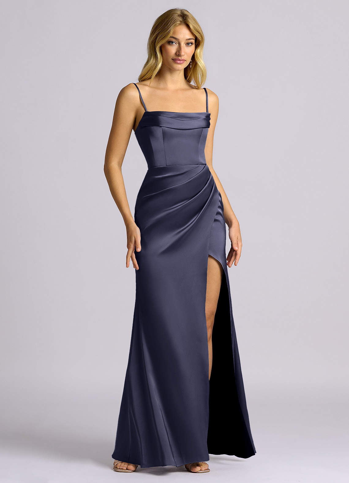 Auden Sheath Off-the-Shoulder Stretch Satin Bridesmaid Dress in Stormy