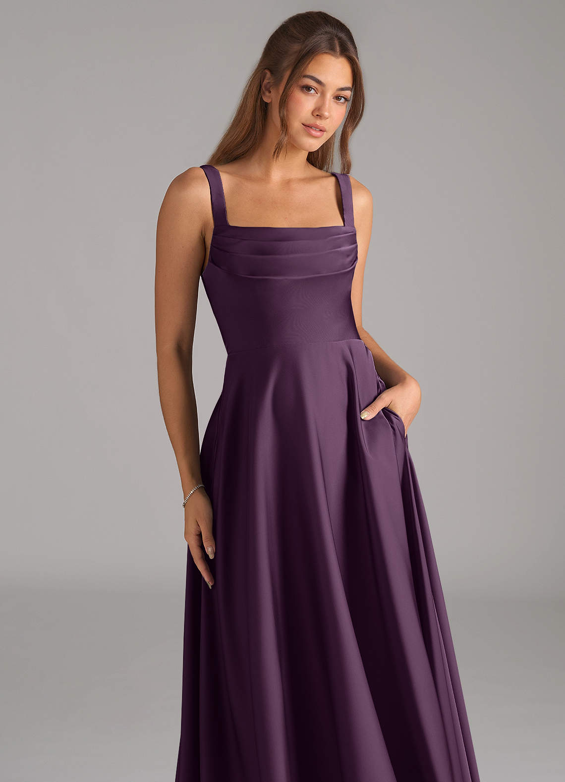 Shaude A-Line Square-Neck Stretch Satin Bridesmaid Dress in Plum