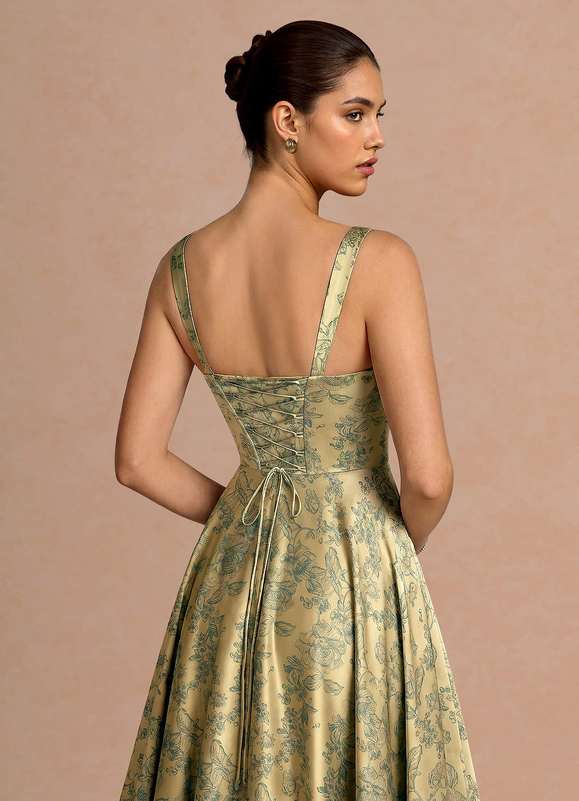 Azaria A-Line Square-Neck Jacquard Evening Dress in Green Brown