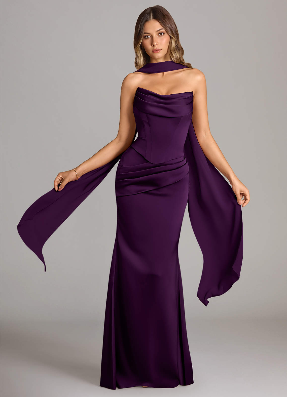 Sorrel Mermaid Cowl-Neck Stretch Satin and Chiffon Bridesmaid Dress in Grape