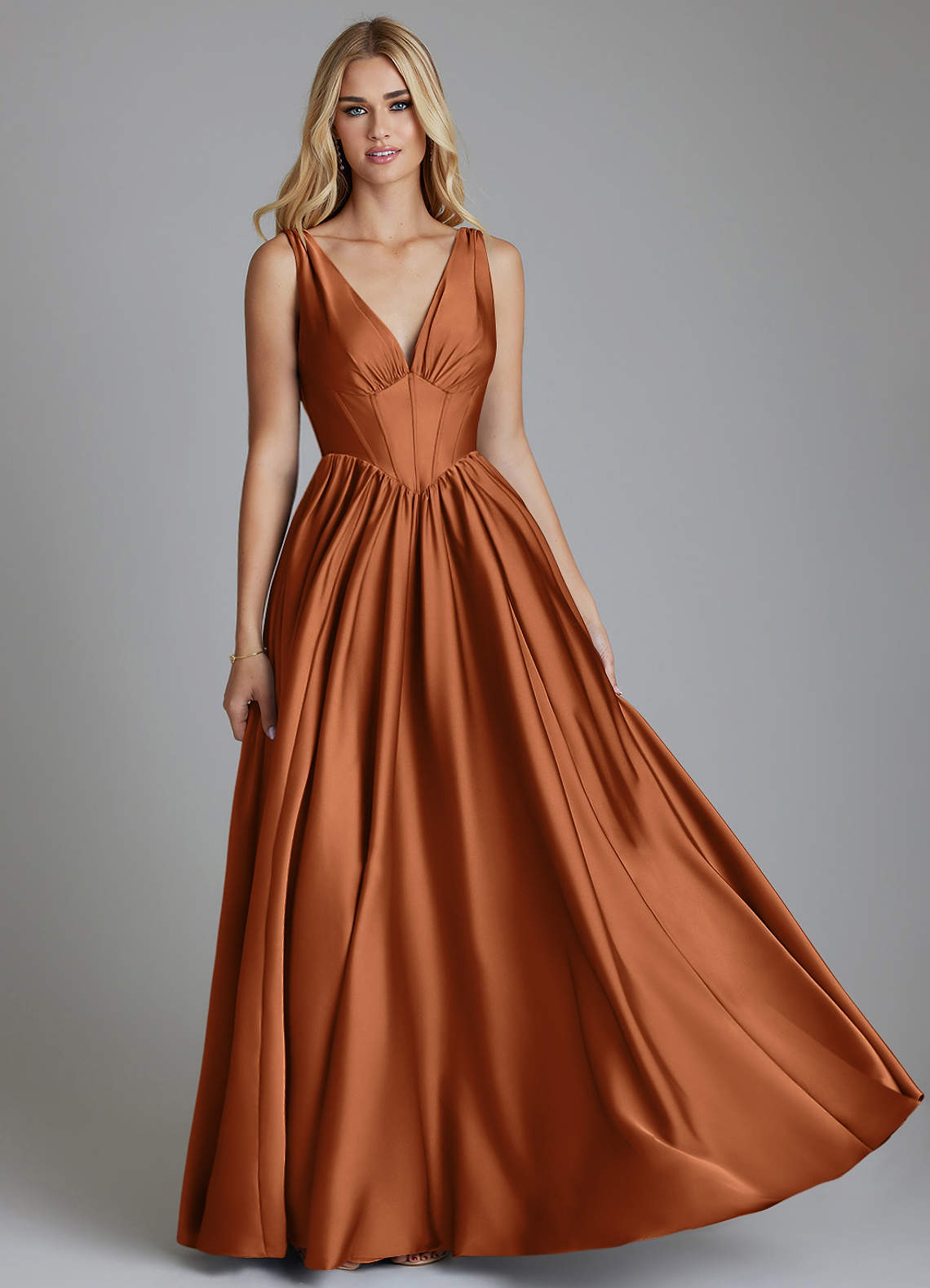 Delmie A-Line V-Neck Stretch Satin Bridesmaid Dress in Copper
