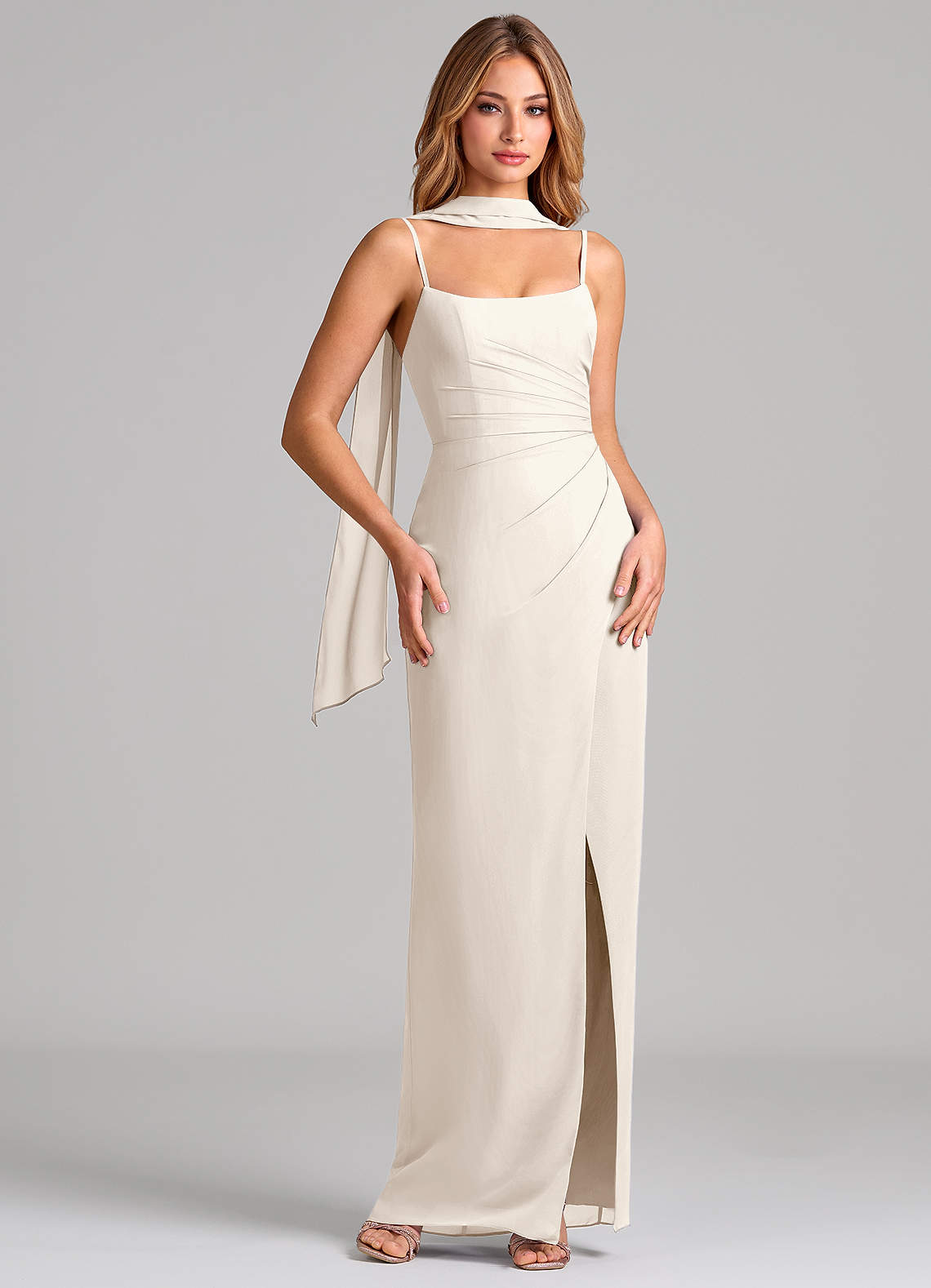 Calandra Sheath Scoop-Neck Chiffon Bridesmaid Dress in White Alabaster