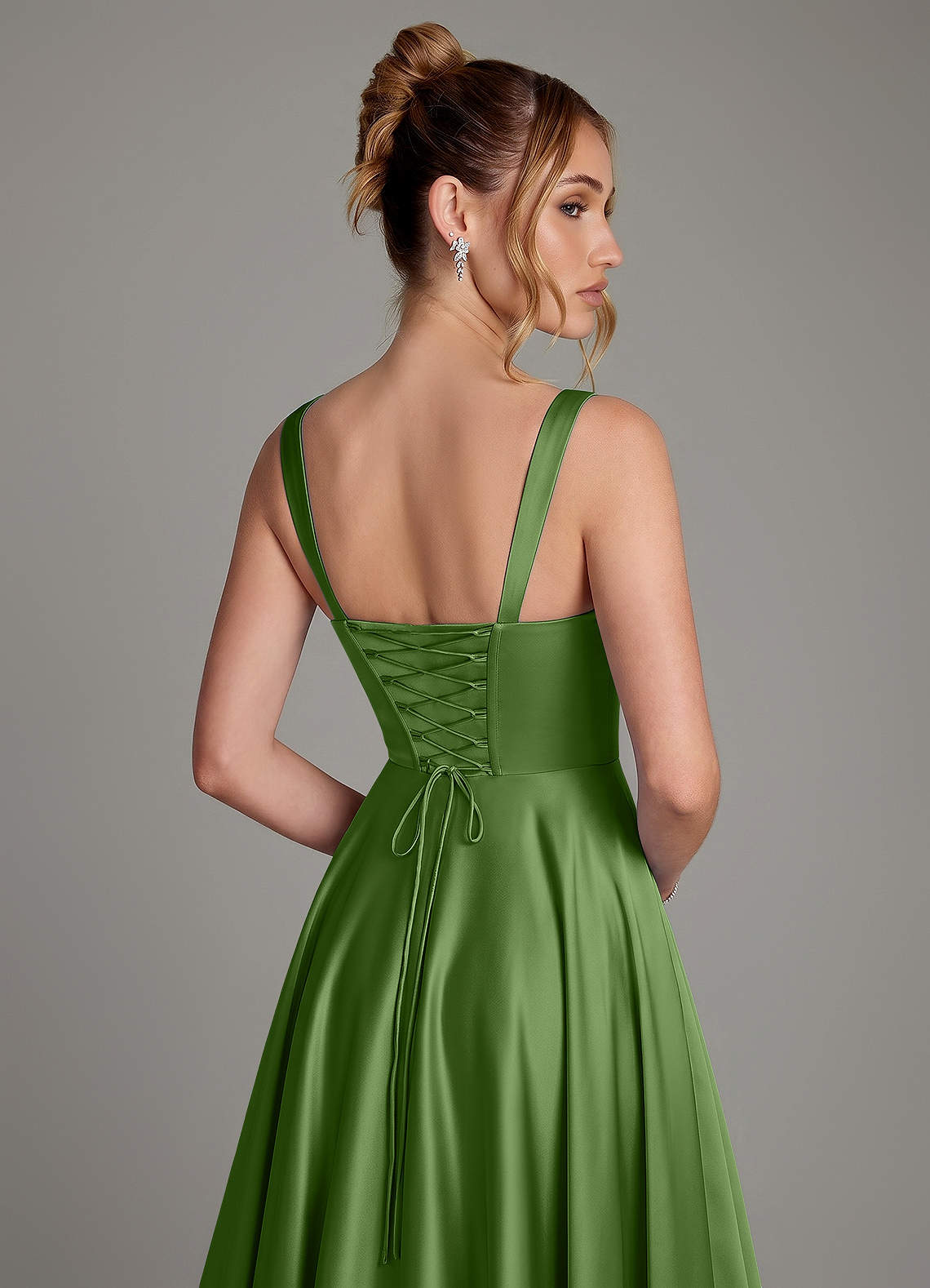 Azaria A-Line Square-Neck Stretch Satin Bridesmaid Dress in Basil