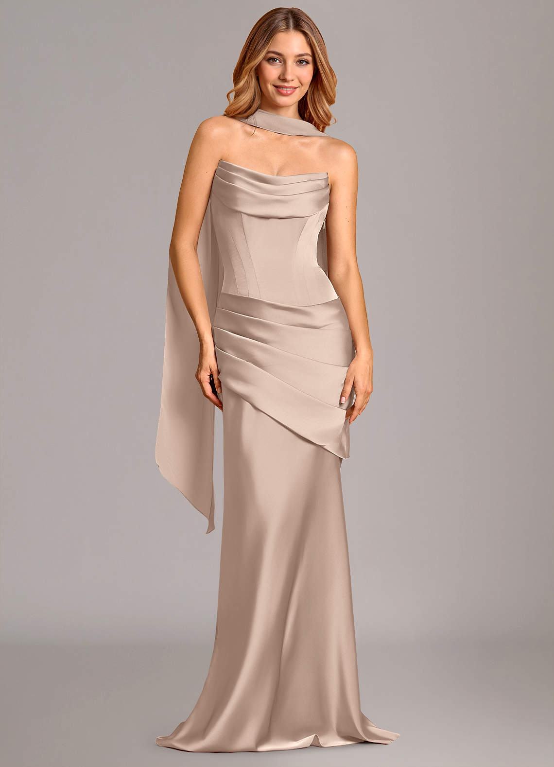 Pelagia Mermaid Cowl-Neck Stretch Satin Bridesmaid Dress in English Rose