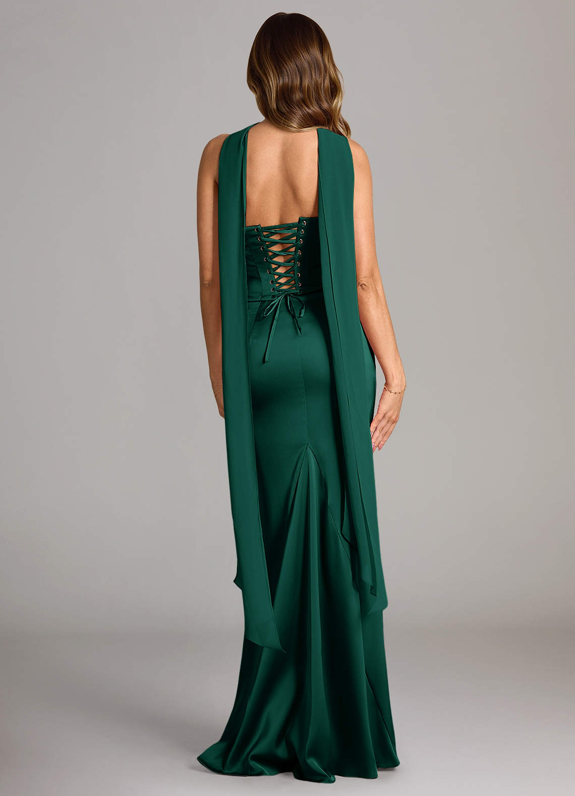 Sorrel Mermaid Cowl-Neck Stretch Satin and Chiffon Bridesmaid Dress in Emerald