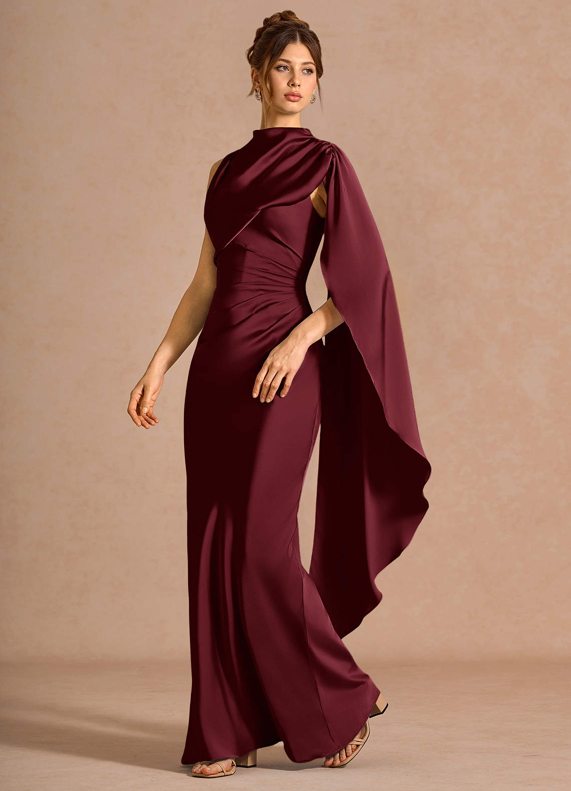 Chesney Cape-Sleeve Pleated Stretch Satin Wedding Guest Dress in Wine