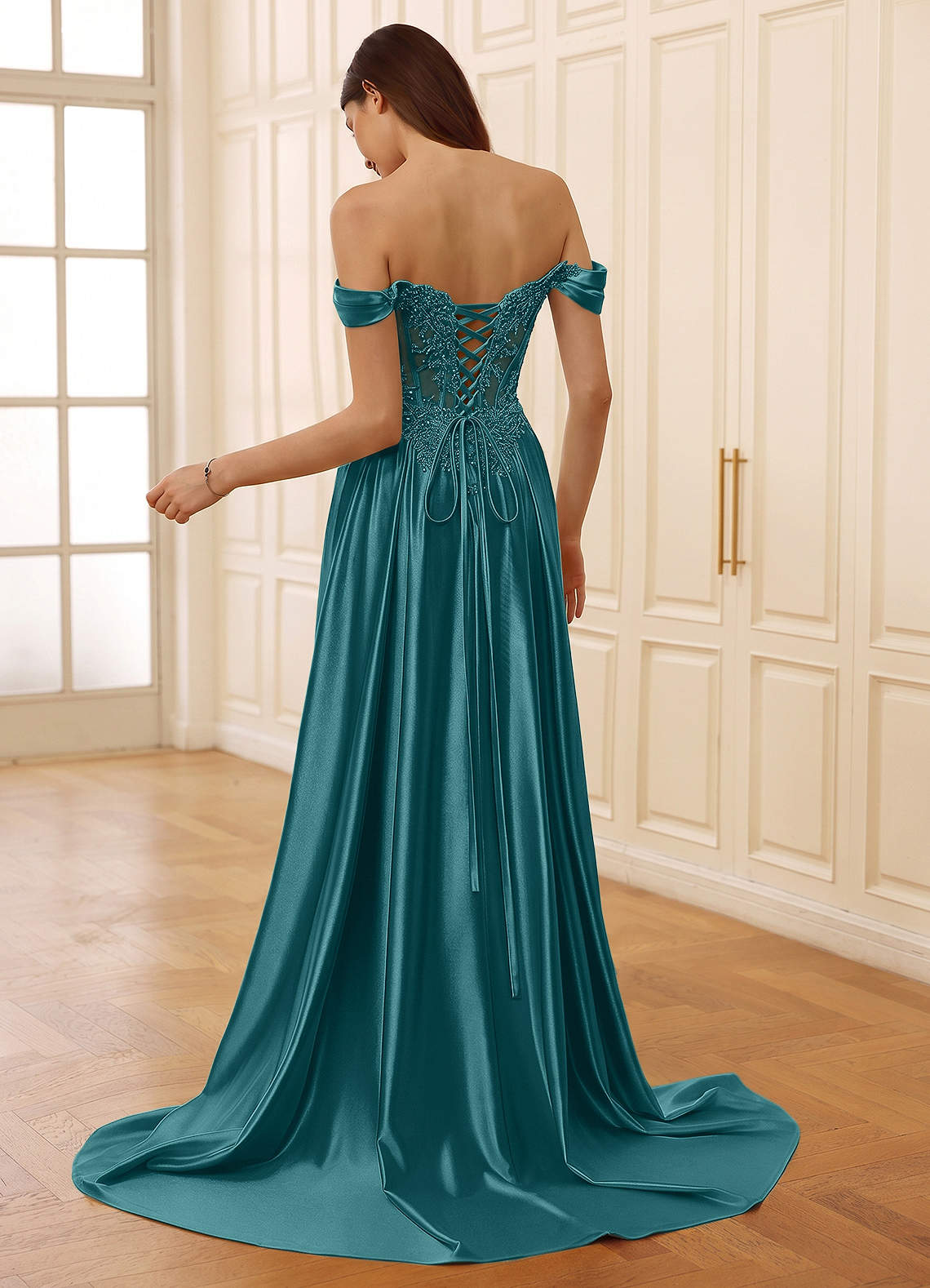 Rowane A-Line Off-the-Shoulder Satin Evening Dress in Peacock Blue