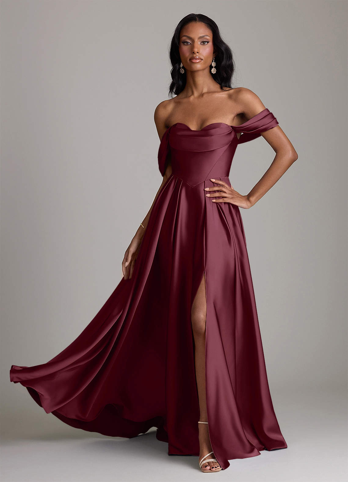 Loisa A-Line Off-the-Shoulder Stretch Satin Bridesmaid Dress in Cabernet