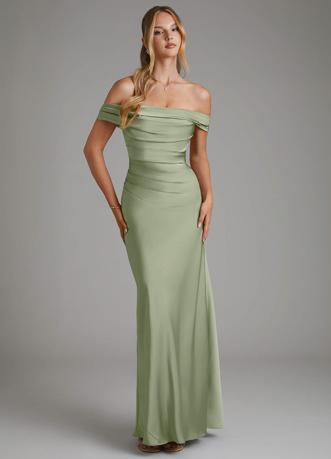 Hayden Mermaid Off-the-Shoulder Stretch Satin Bridesmaid Dress in Pistachio