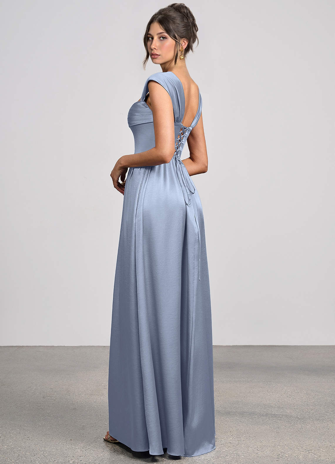 Odette A-Line Corset Luminous Satin Evening Dress in dusty blue