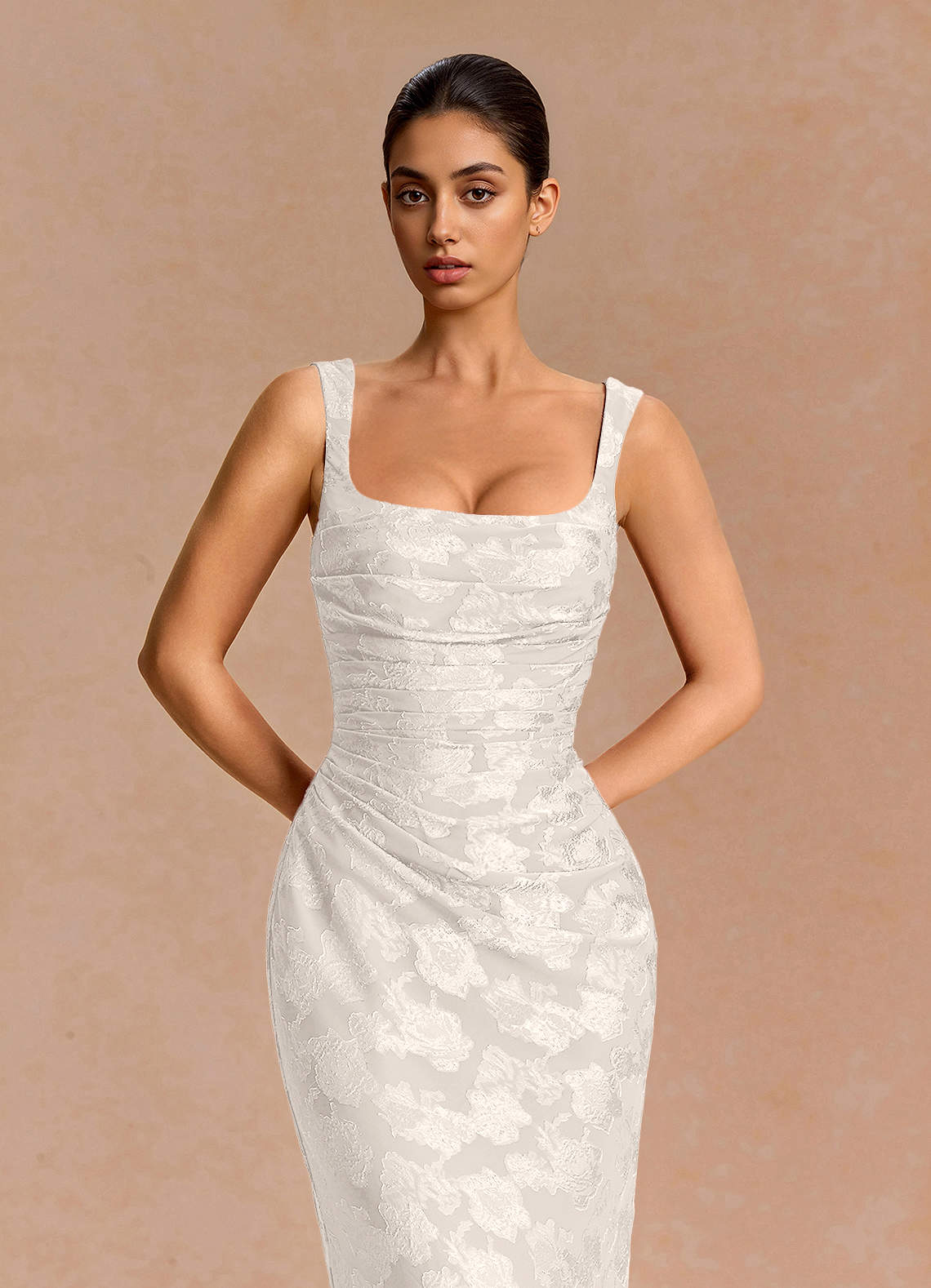 Agustina Square-Neck Pleated Fil Coupé Evening Dress in White