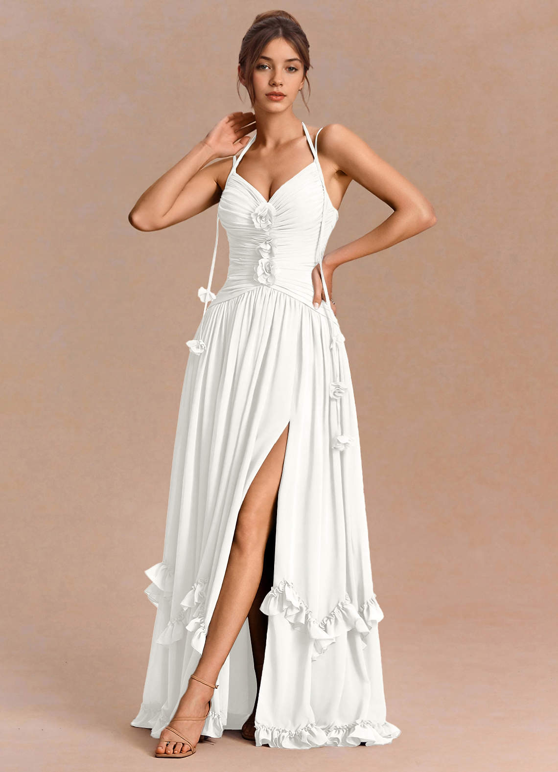 Eulalie A-Line Floral-Appliqué Chiffon Evening Dress in White