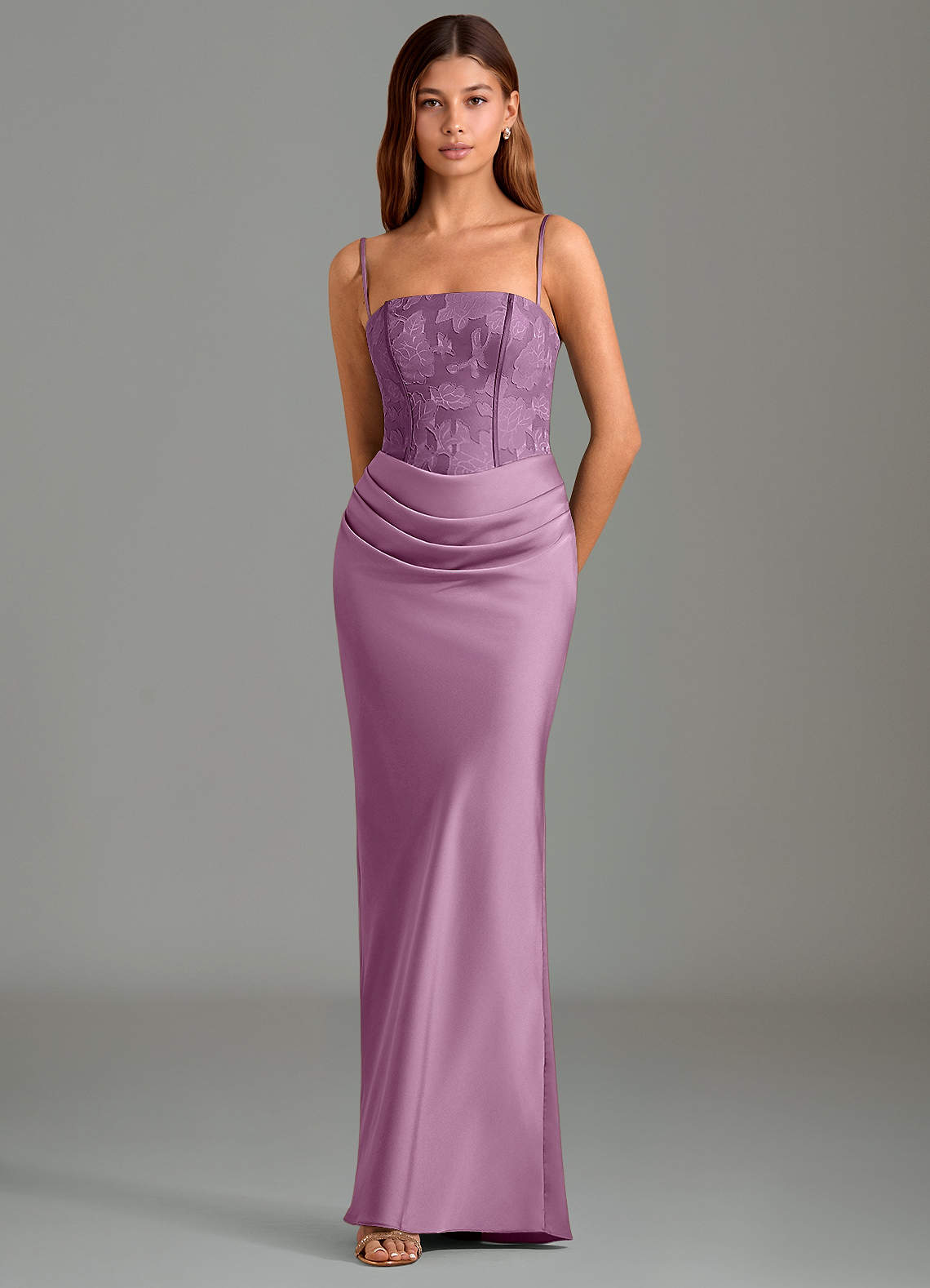 Emilia Mermaid Strapless Stretch Satin and Floral Burnout Bridesmaid Dress in Wisteria