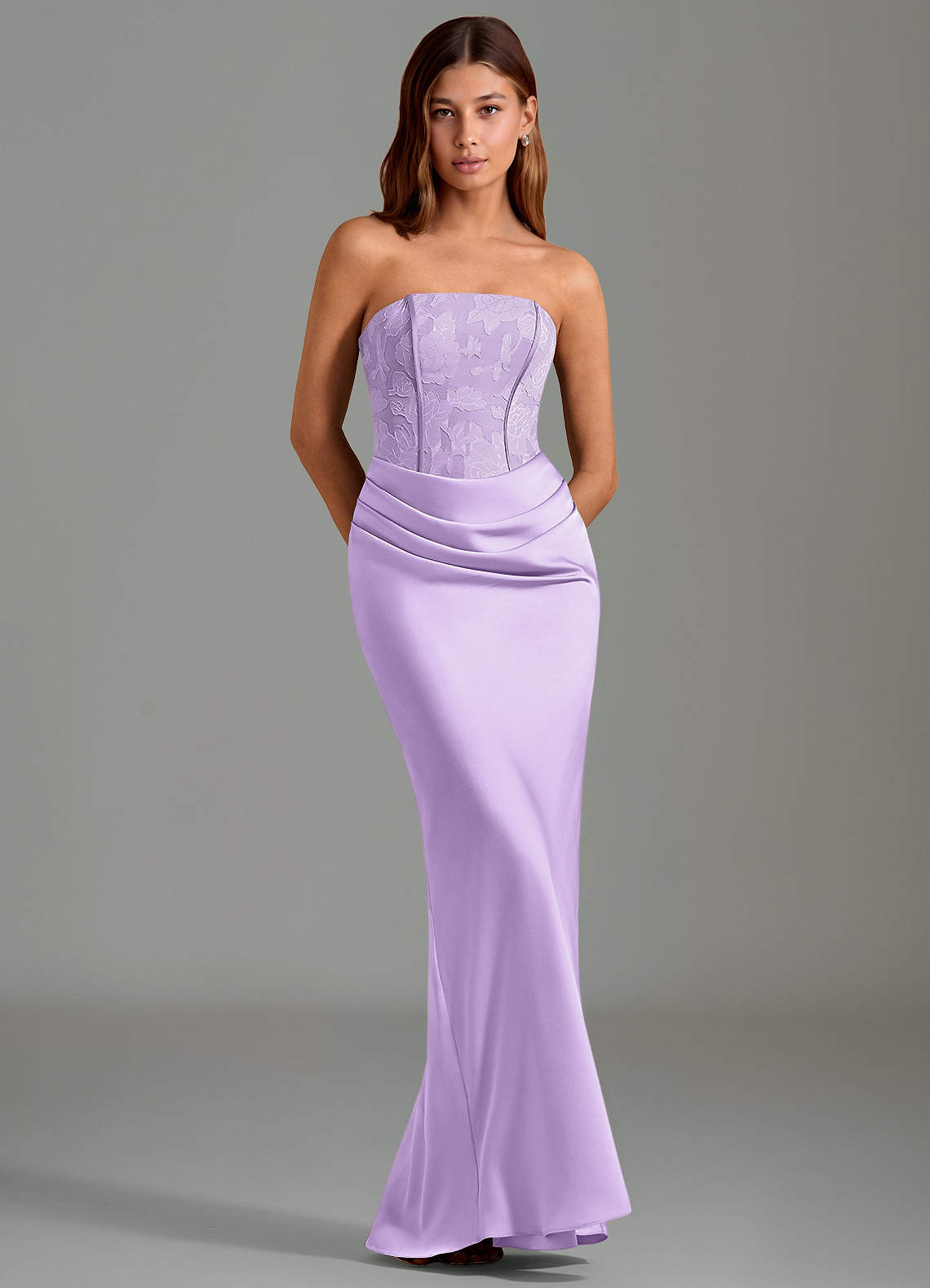 Emilia Mermaid Strapless Stretch Satin and Floral Burnout Bridesmaid Dress in Lilac