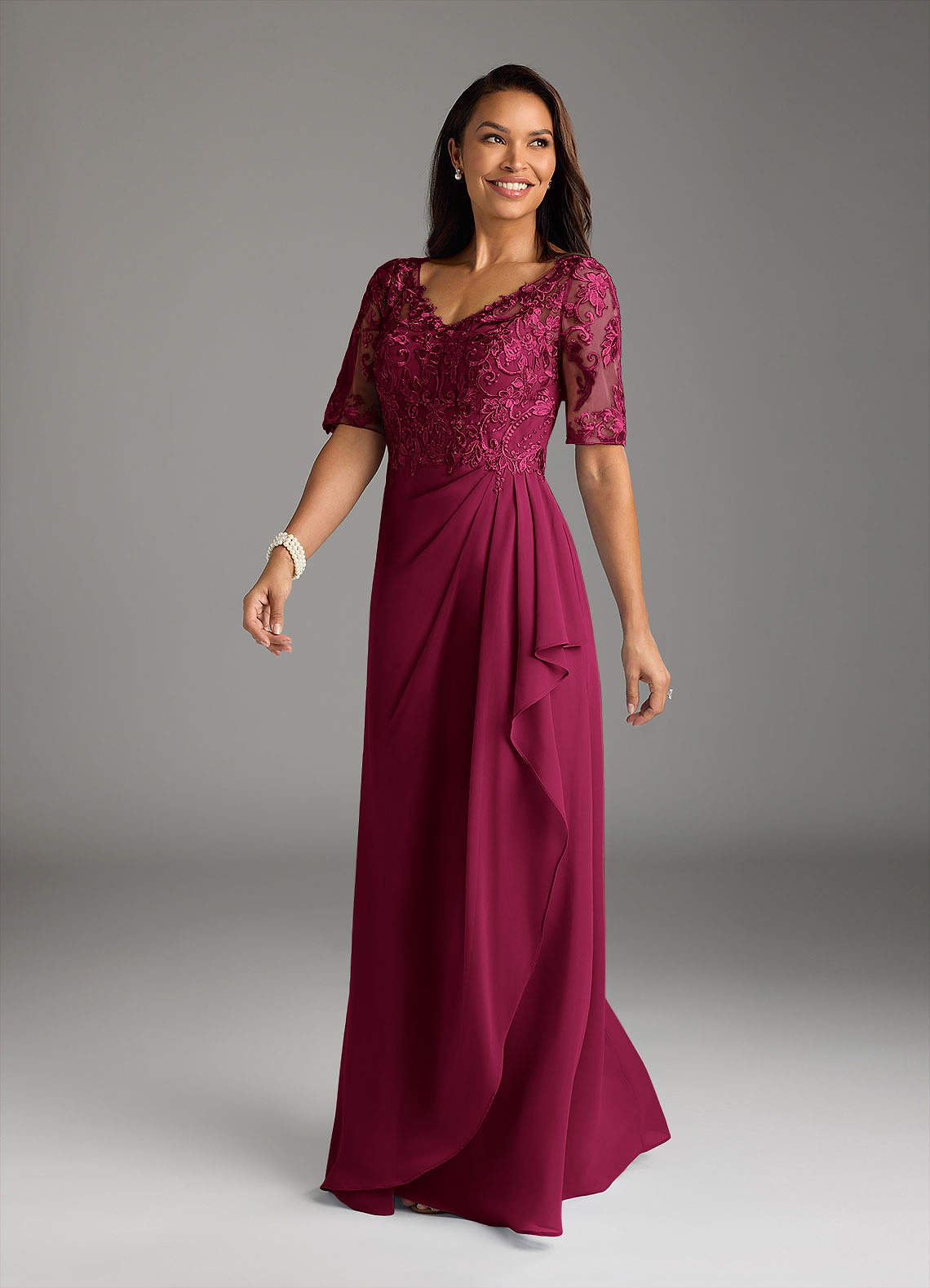 Amedeus A-Line V-Neck Chiffon and Lace Mother of the Bride Dress in Burgundy