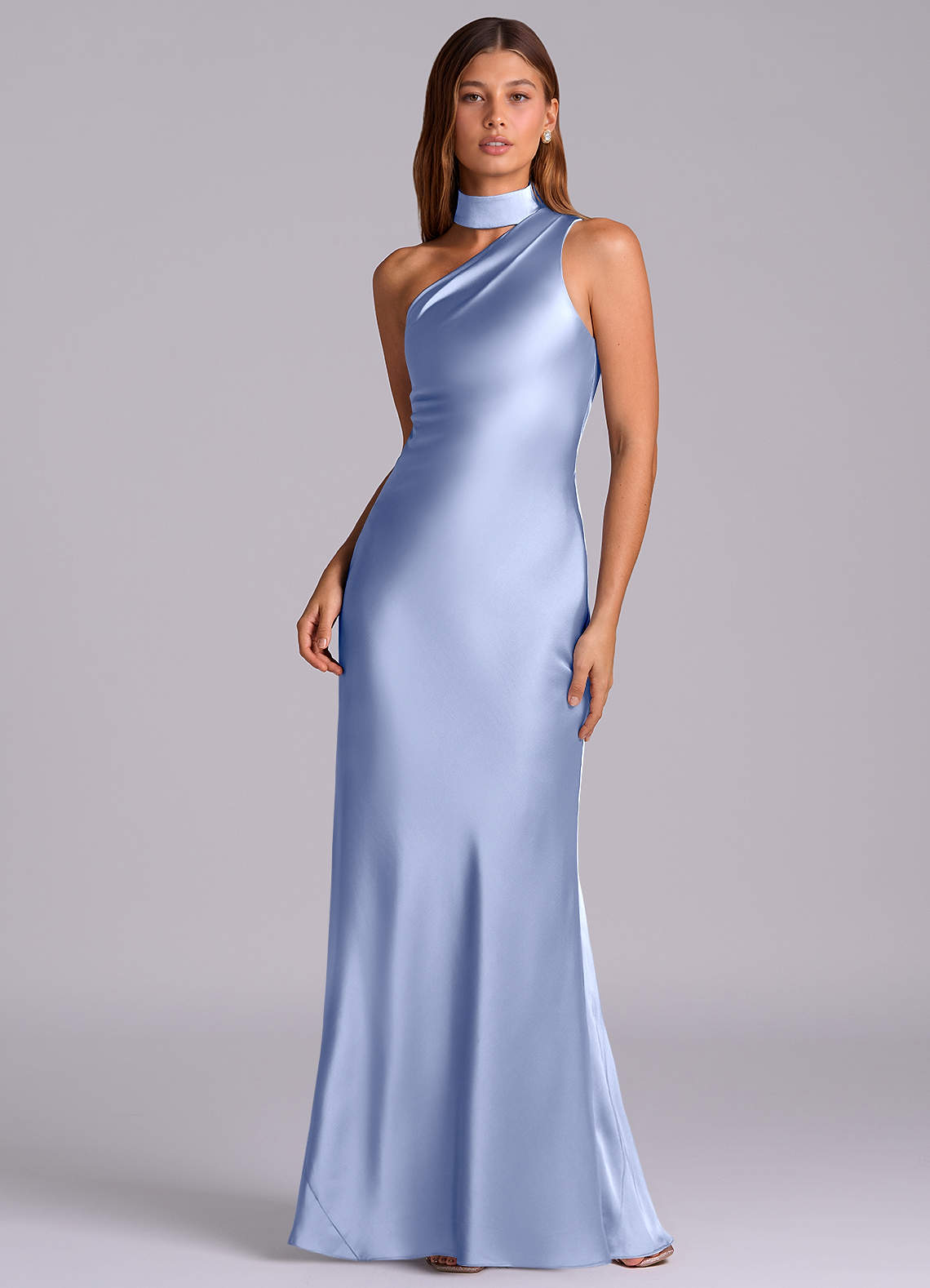 Seona Mermaid One-Shoulder Stretch Satin and Tulle Bridesmaid Dress in Ice