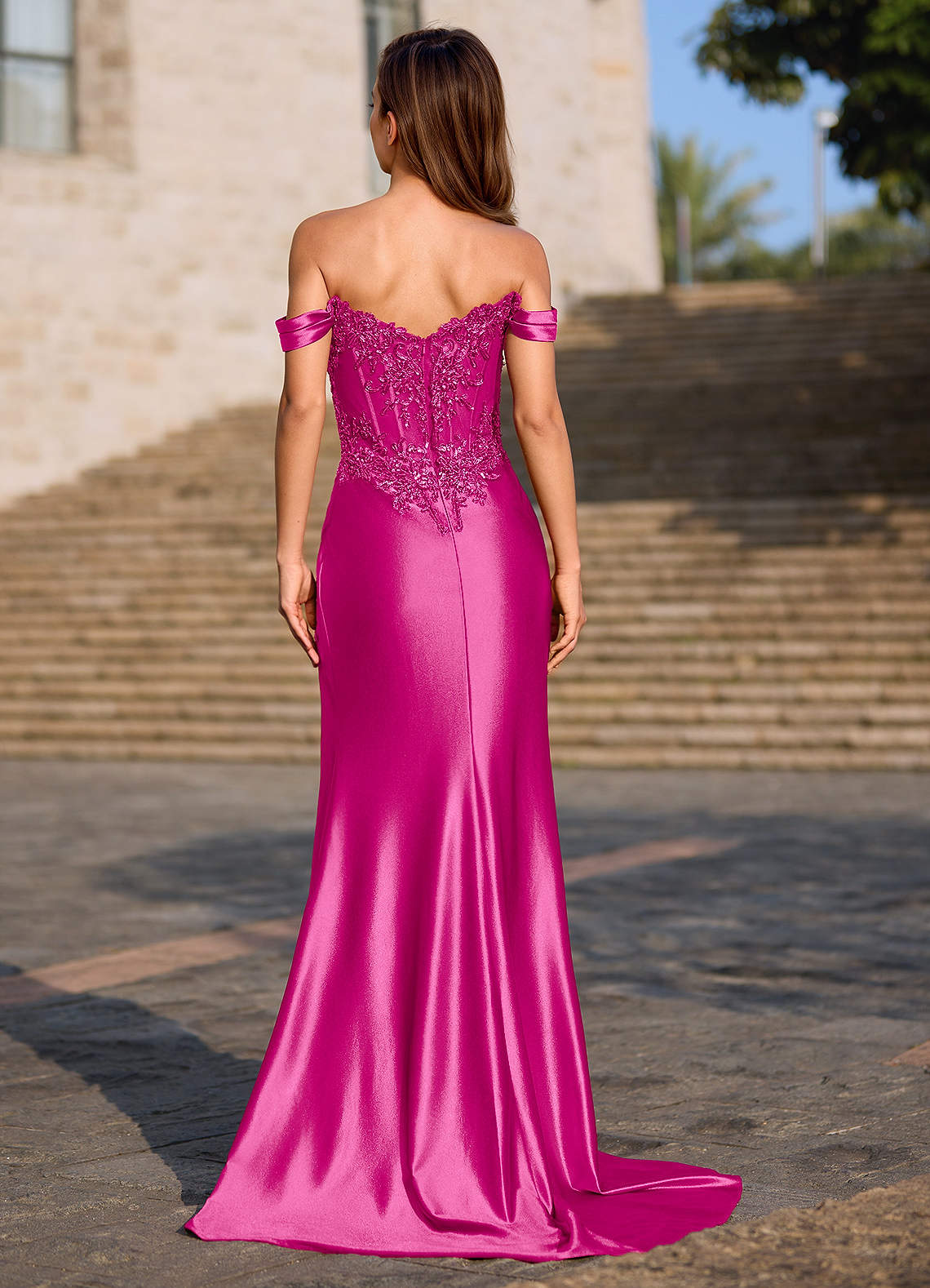 Opulence Mermaid Off-the-Shoulder Satin Evening Dress in Magenta